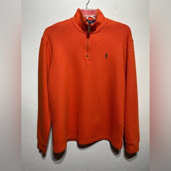 Polo Ralph Lauren Mens Quarter Zip Pullover Sz L Orange Pony - Picture 1 of 8